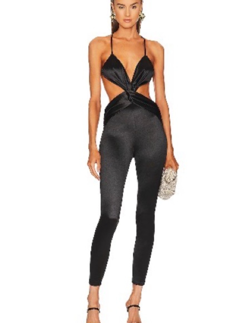 Michael Costello Zlata Black Cutout Satin Jumpsuit